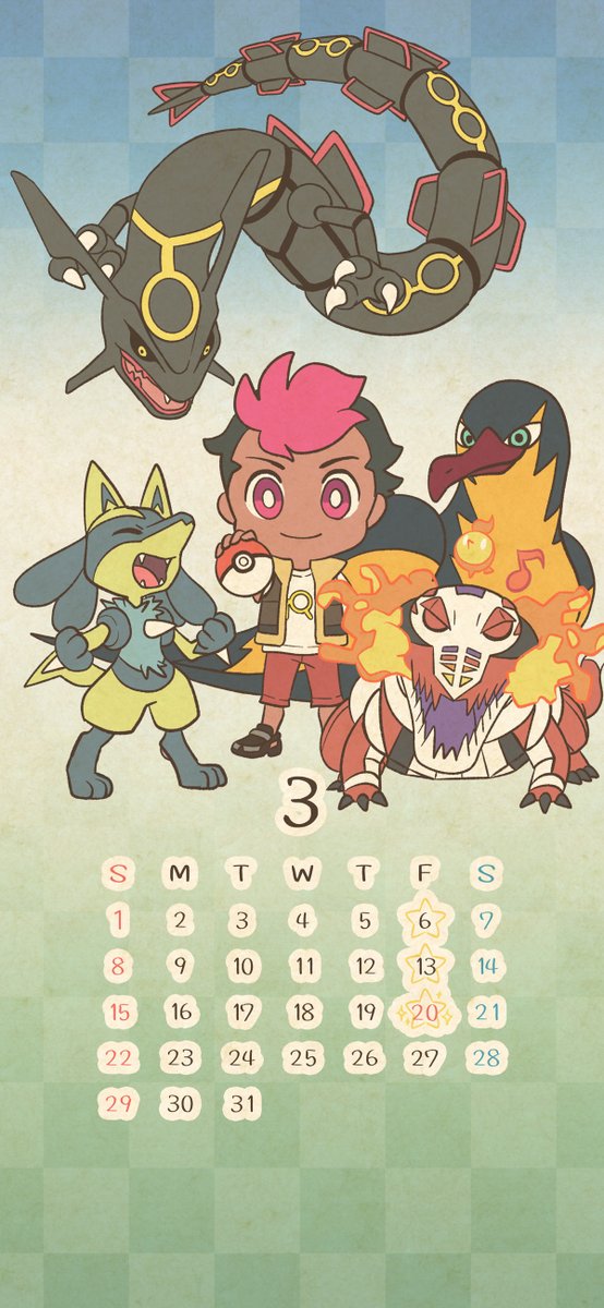 ロイとポケモンたちの3月壁紙カレンダーイラスト