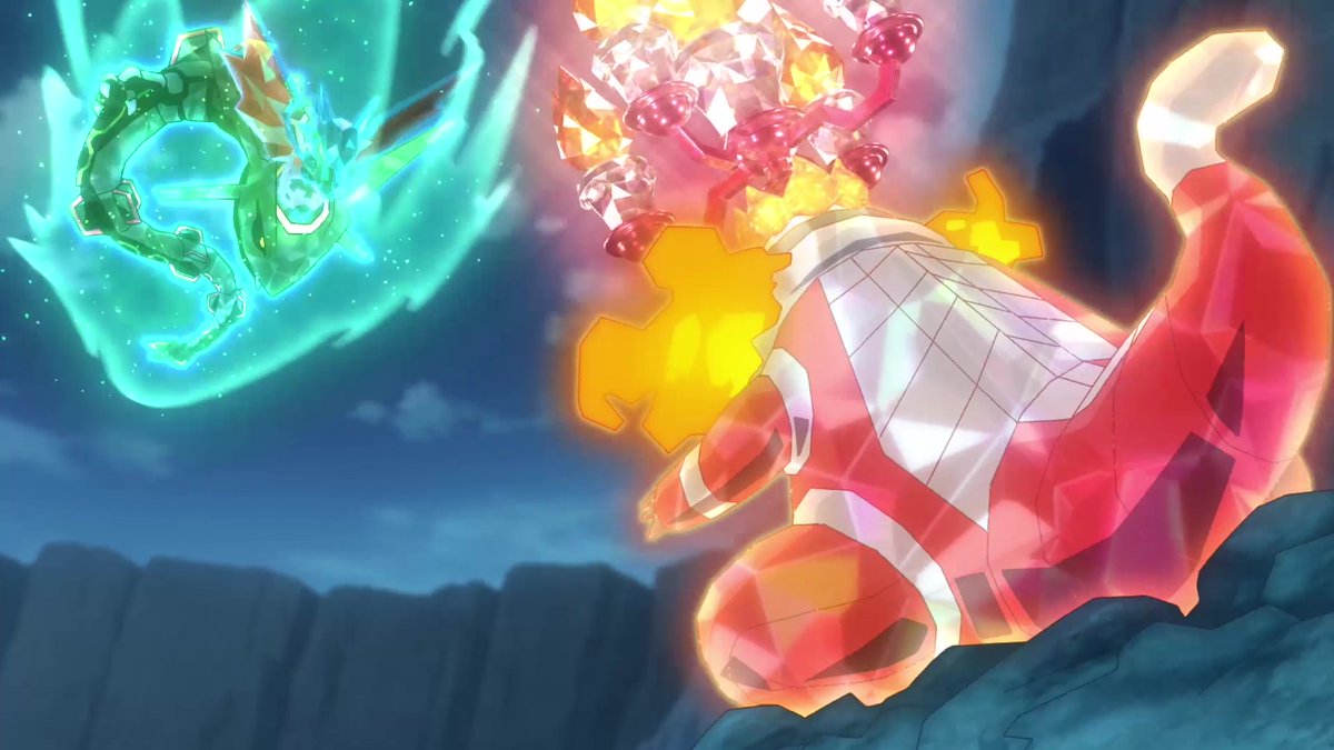 ロイとラウドボーンが黒いレックウザと戦うアニメシーン