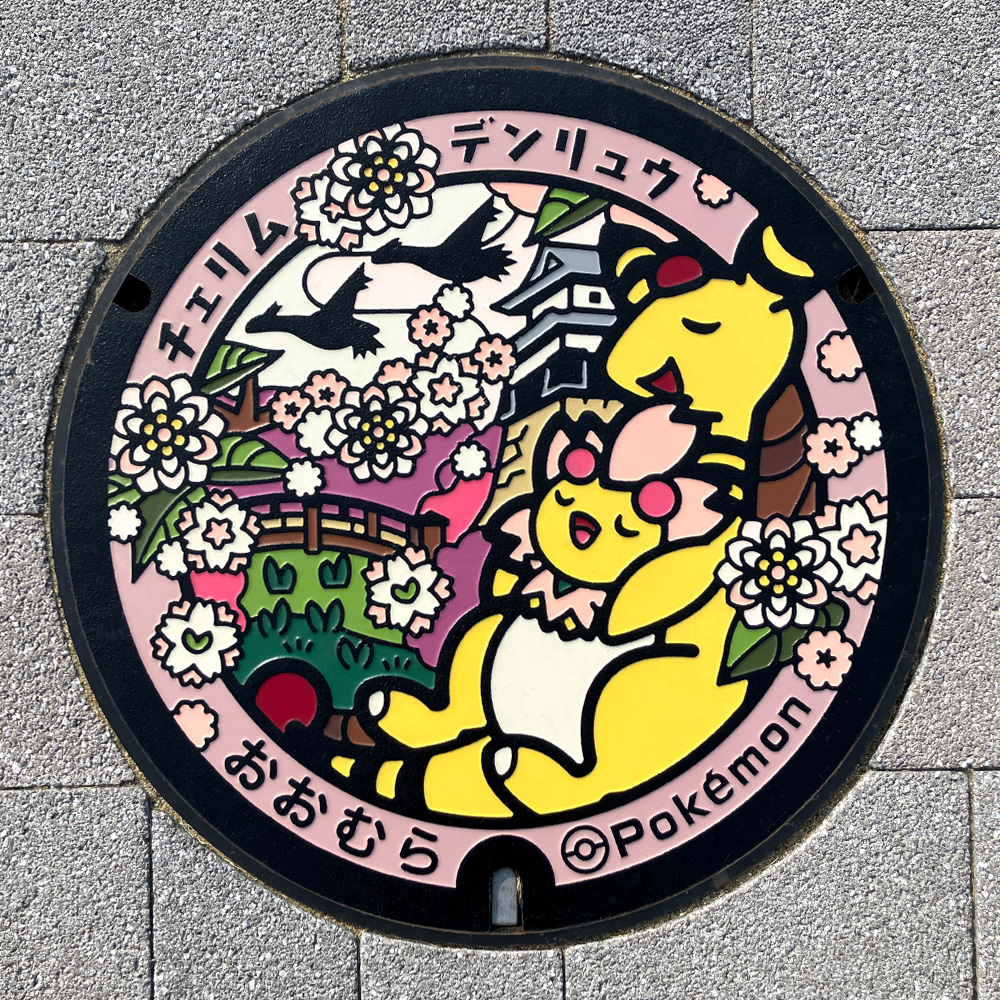長崎県大村市のポケふたに描かれたデンリュウとチェリムのデザイン